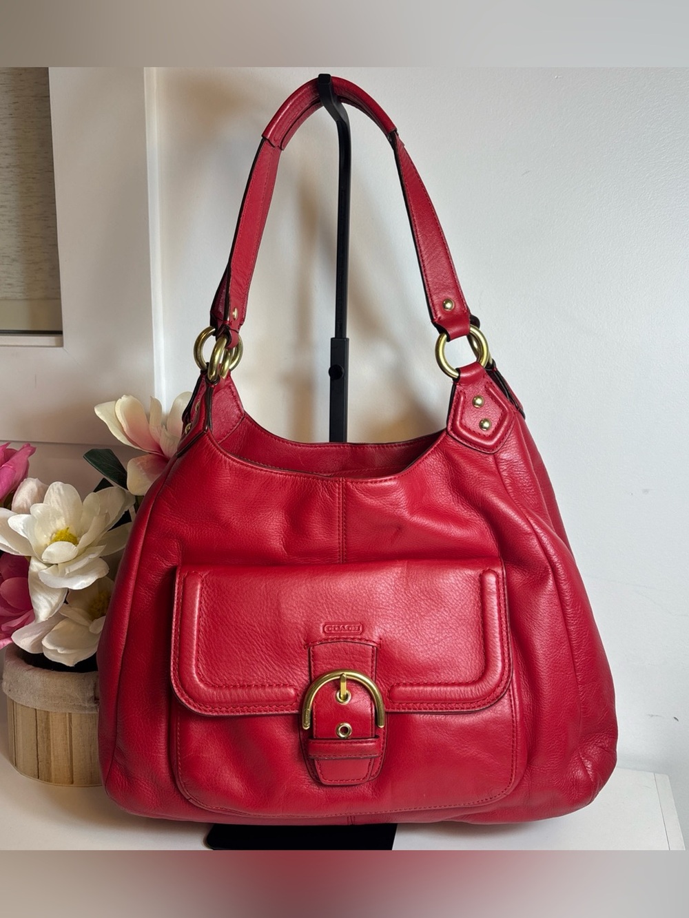 COACH Campbell Dark Red Leather Large Hobo Shoulder Bag Chunky Brass Buckle Y2K